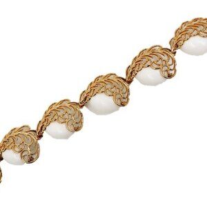Vintage 1950s Signed Napier Goldtone Filigree White Resin Bracelet